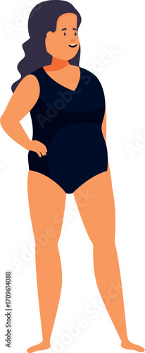 Body positive curvy woman wearing black swimsuit is posing with hand on hip