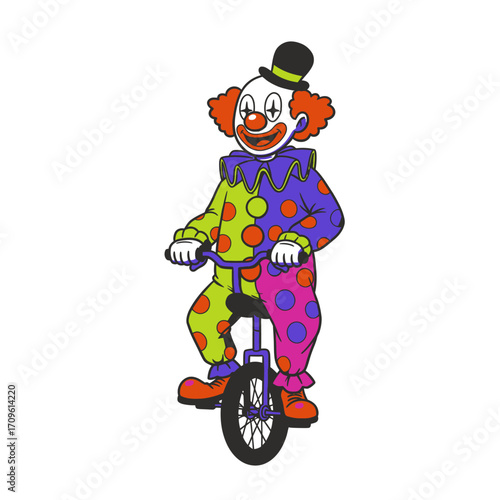 Cute clown balancing on unicycle for circus fun, birthday celebration, carnival entertainment, and kids party