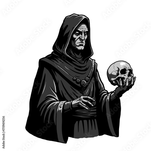 Grim reaper with black cloak holding skull perfect for Halloween, gothic fantasy, and scary dark art theme