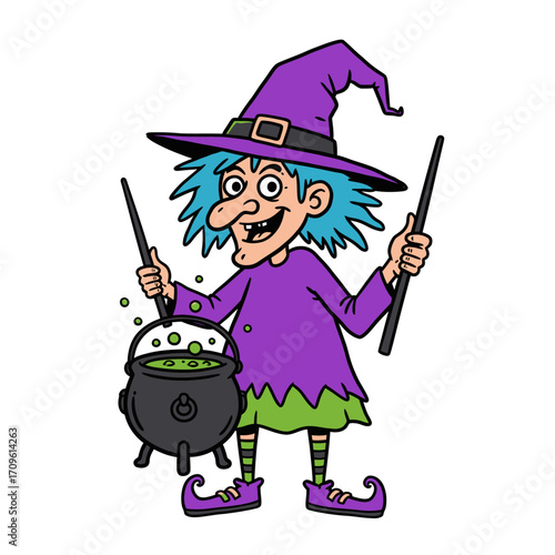 Funny witch cartoon holding cauldron with broom for Halloween costume party and fantasy cartoon art