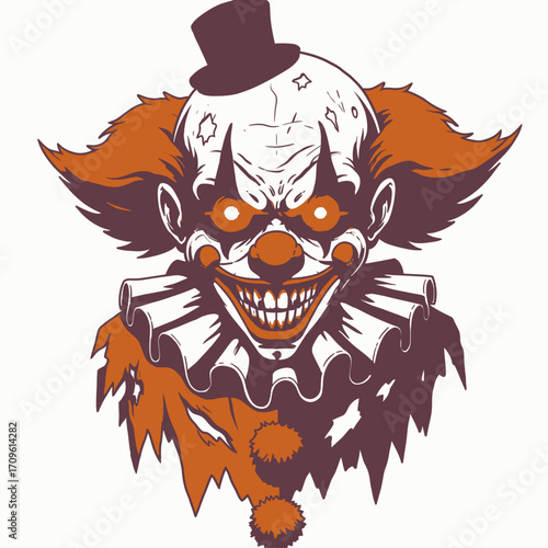 Evil killer clown face with creepy teeth perfect for horror circus, Halloween, and scary nightmare artwork