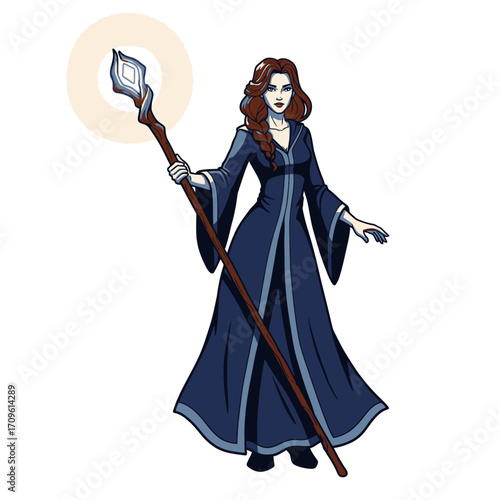 Powerful sorceress woman casting magic with staff for dark fantasy, Halloween, and enchanted illustration