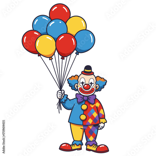 Cute clown holding balloons for circus, birthday celebration, carnival fun, and kids entertainment artwork