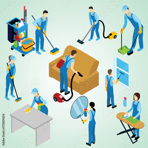 Isometric Style Professional Home Cleaning Service Staff Team and Equipment