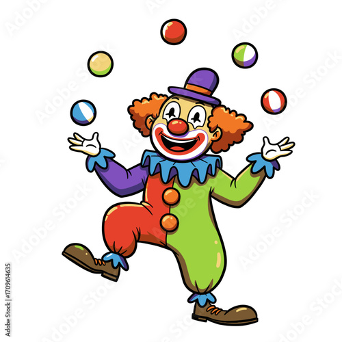 Funny circus clown in colorful costume smiling and waving for kids birthday party and carnival celebration art