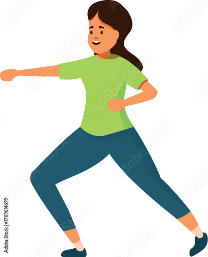 Fit woman practicing martial arts, performing a dynamic fighting stance, promoting self defense and fitness