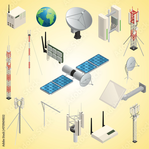 Isometric Detailed Communication and Networking Equipment Illustration Set on Light Background