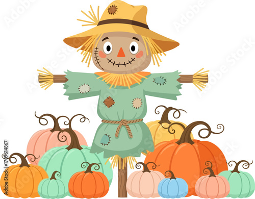 Cartoon scarecrow character stands surrounded by colorful pumpkins in varying sizes, creating a cheerful, whimsical illustration suitable for seasonal decor and children's designs.
