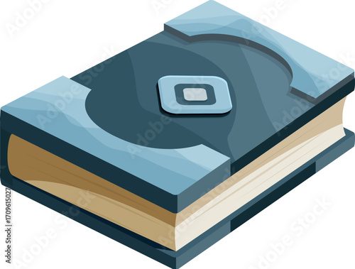 Closed magic book with silver decorations is lying on a white background, featuring a cartoonish style
