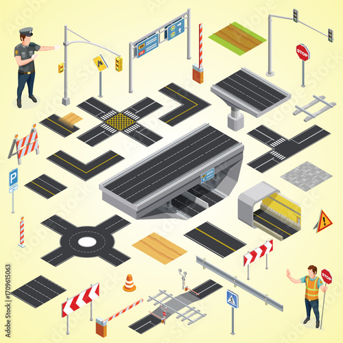 Isometric Transportation Elements and Road Construction Parts with Traffic Signs