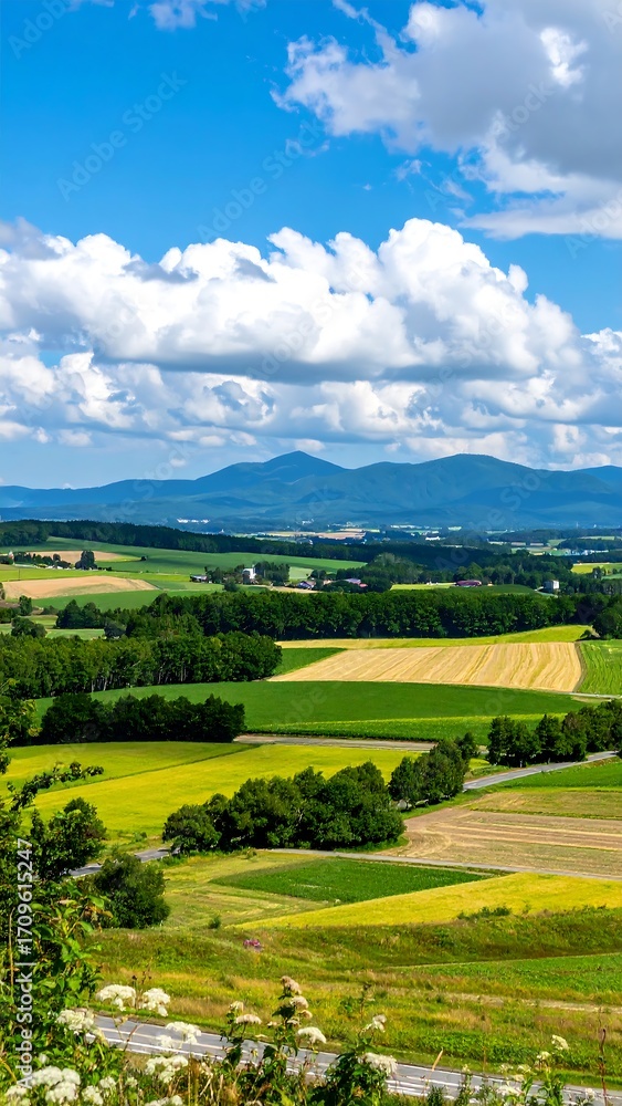 Obraz premium Rural landscape with fields and mountains