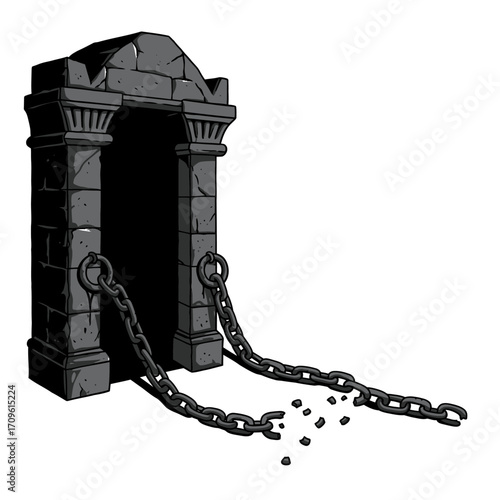 Haunted Dark Crypt Tomb Entrance with Chains Creepy Gothic Graveyard Scene