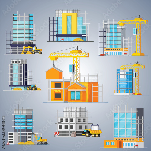 Flat Style Various Buildings Under Construction with Cranes and Machinery Illustration