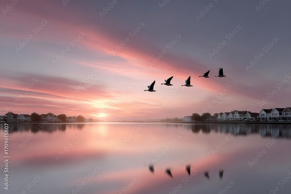 Fototapeta premium Serene landscape showing flock of bird flying over calm water at sunrise. beautiful pink sky creates perfect reflection on lake near small town at dawn