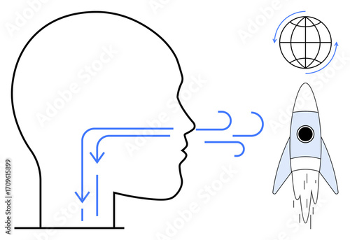 Simplistic design of a human profile showing airflow, globe symbolizing global connectivity, and a rocket for innovation. Ideal for science, technology, education, breathing, progress, communication