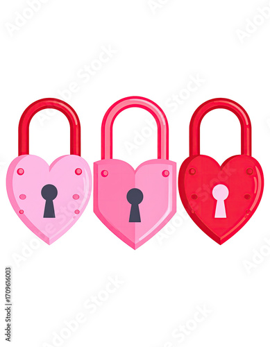 Three heart-shaped padlocks in varying shades of pink and red