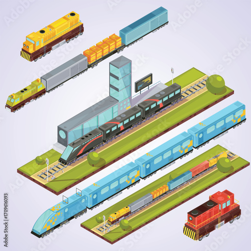 Isometric Railroad Collection with Station Building and Assorted Cargo Trains