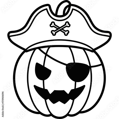 Cartoon Pumpkin Pirate with Eyepatch and Skull Hat Illustration.