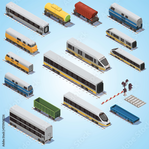 Isometric Detail Railroad Train Car Set Transportation Vehicle Collection