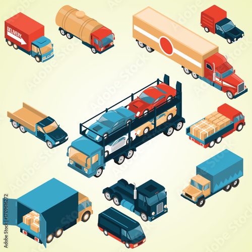 Isometric Colorful Truck and Transportation Vehicle Assortment Illustration Graphic