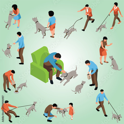 Isometric People Interacting with Dog Set on Light Green Background Illustration