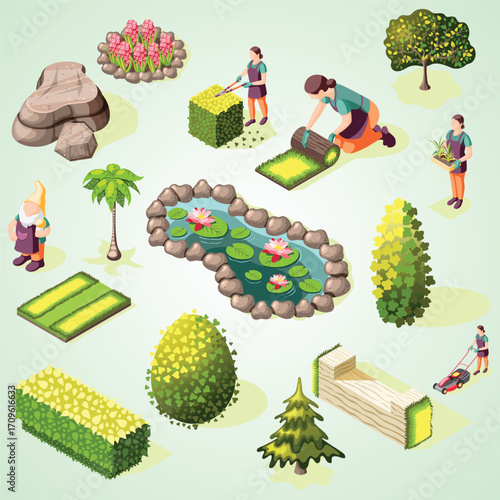Isometric Garden Design Elements with Gardener Character and Landscape Arrangement
