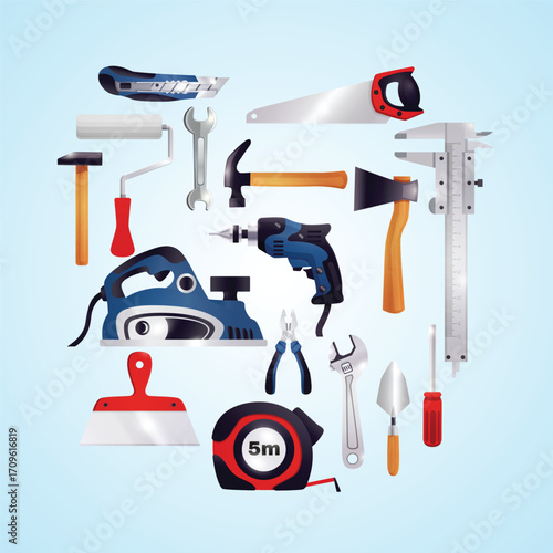 Colorful Detailed Hand Tools Collection and Equipment for Carpentry and Construction