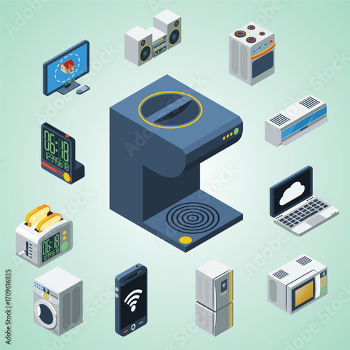 Isometric Detailed Home Appliance Smart Device Technology Household Object Set