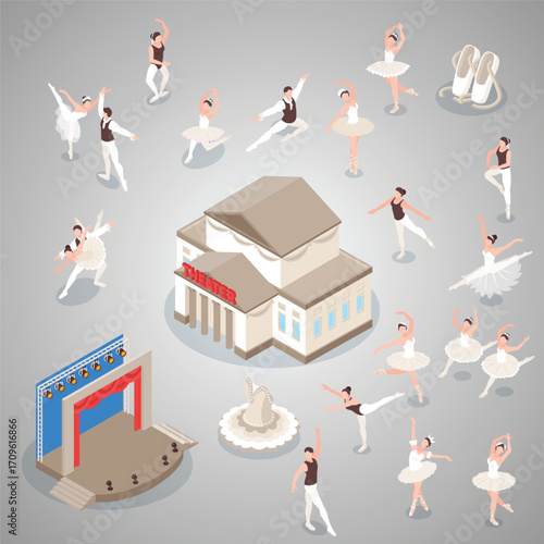 Isometric Theater Stage with Ballet Dancer Performance Flat Design Element