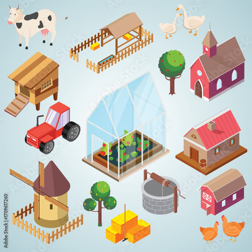 Isometric Farm Scene with Various Buildings, Animals, and Tools Illustration