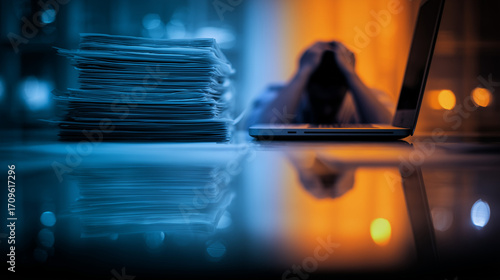 Wallpaper Mural Stressed worker with laptop and paper stack. Torontodigital.ca