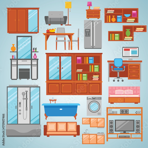 Flat Style Detailed Interior Furniture and Appliance Arrangement Illustration
