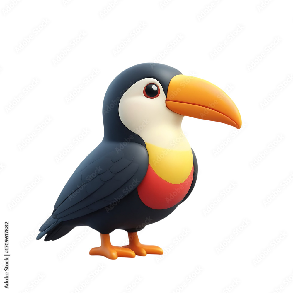 Fototapeta premium A cartoonish toucan with vibrant colors standing against a stark black background