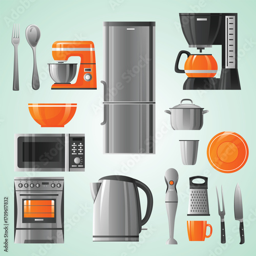 Flat Design Kitchen Utensil Appliance and Cooking Equipment Complete Set