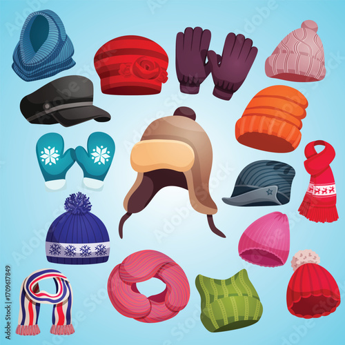 Cartoon Winter Outfit Collection Detailed Hats and Scarves Illustration