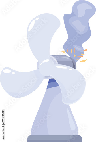Broken electric fan emitting smoke and sparks, illustrating a home appliance breakdown