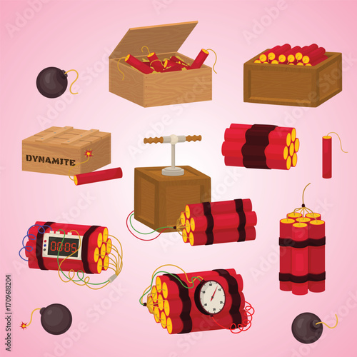 Cartoon Style Assorted Dynamite Explosives and Triggering Devices Illustration Set