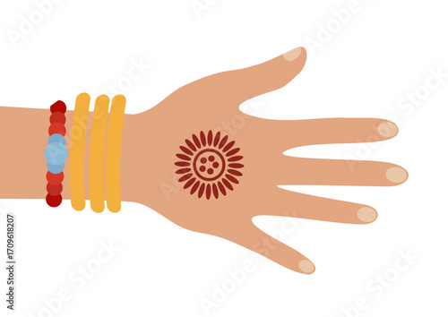 Woman hand with mehendi and bracelets. Ancient India national tradition. Female hand with jewelry. Henna drawing festive ornament.