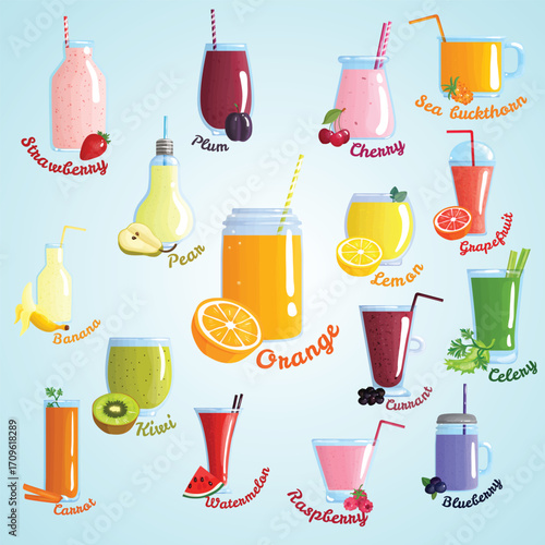 Colorful Flat Style Fresh Fruit Smoothie and Juice Glass Collection