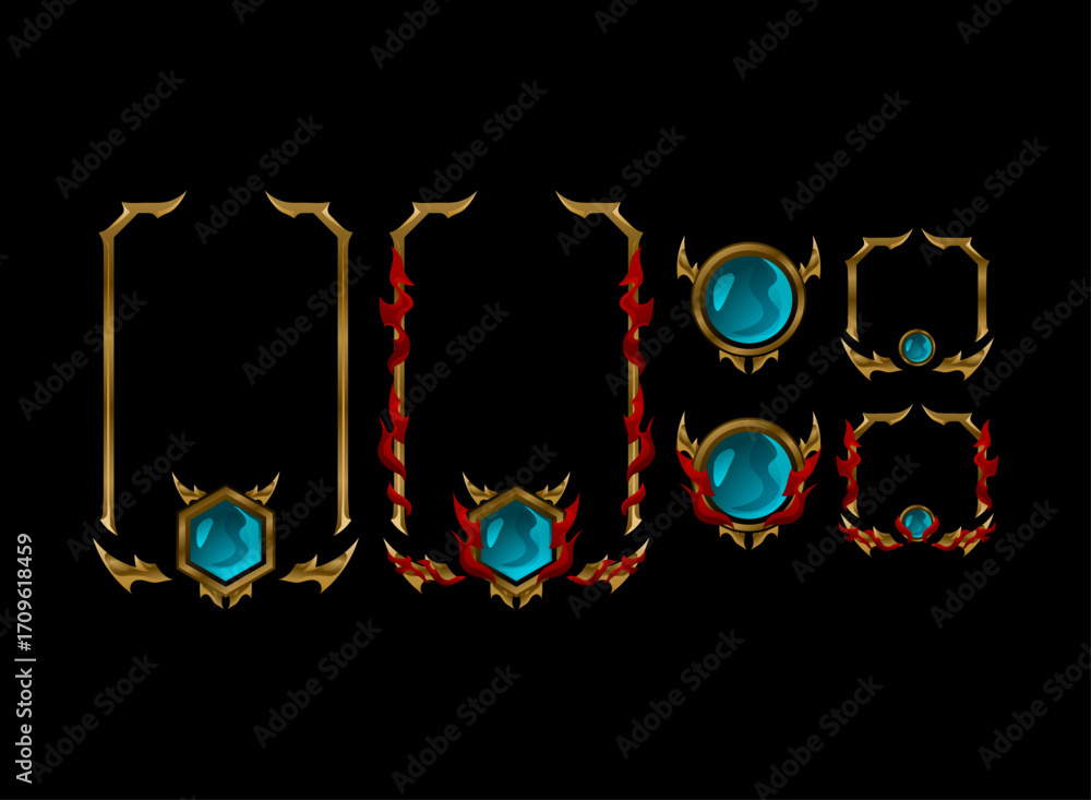 Fototapeta premium Set of Fantasy Gothic Medieval Dark Gold Frame Templates — Fire and Blue Diamond Profile Frame and Banner Designs for Trading Card, RPG Game UI, and Fantasy Elements