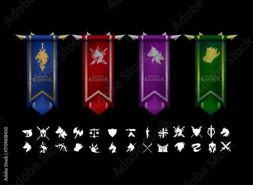 Set of Various Color Fantasy Gothic Medieval Faction Pennant Banner Flags — Animal Guild and House Icon Collection for RPG and Adventure Game Design