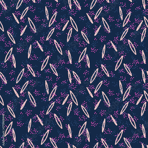 Seamless abstract vector pattern with hand drawn oval shapes and scattered dots in pink and blue on a dark navy background. Modern design for textiles, wrapping and stationery