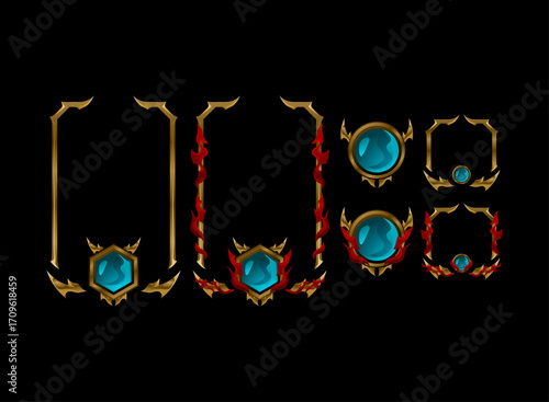 Set of Fantasy Gothic Medieval Dark Gold Frame Templates — Fire and Blue Diamond Profile Frame and Banner Designs for Trading Card, RPG Game UI, and Fantasy Elements