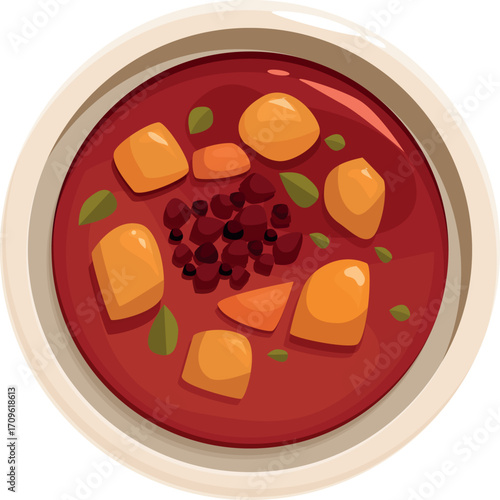 Top view of a delicious hot tomato soup with potatoes, carrots, herbs, and spices, served in a white bowl
