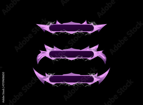 Set of Violet Fantasy Luxury Header Banner Frames — Ornate Decorative Crest Templates with Spider Web Halloween Theme for Medieval, Gothic, and RPG Game Design