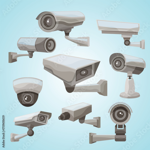 Cartoon Style Diverse Surveillance Camera Security System Illustration Asset