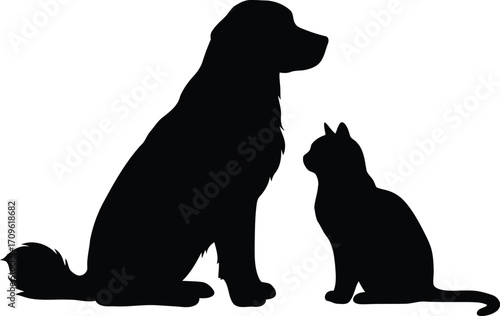 Loyal dog companion silhouettes sitting beside elegant cat pet friends vector
