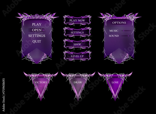 Set of Fantasy Gothic Medieval Game UI Board Menu Templates — Banner Flag, Button, and Victory Frame Designs with Spider Web Halloween Theme for RPG and Adventure Interface