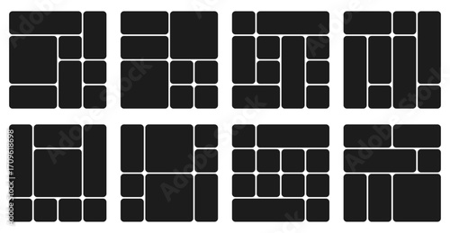 Bento grid abstract layouts with geometric tiles and rounded corners. Modern modular UI design panels, trendy web interface templates, collage frames and infographics. Vector illustration.