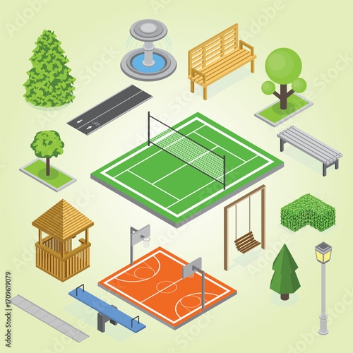 Isometric Illustration of Urban Park Elements and Recreational Facility Landscape Design